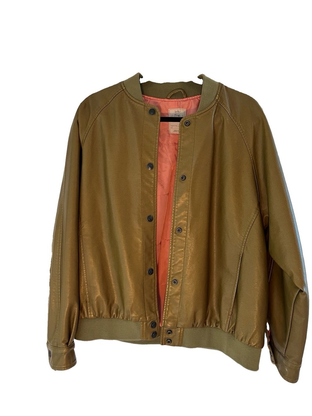 We The Free Women’s Vegan Leather Olive Green Bomber Jacket with Coral Lining SM